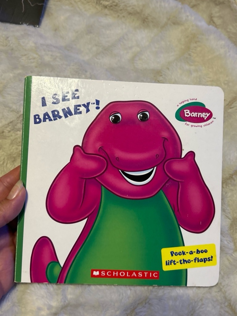 Scholastic Barney Board Book with Pink Text and Green Spine